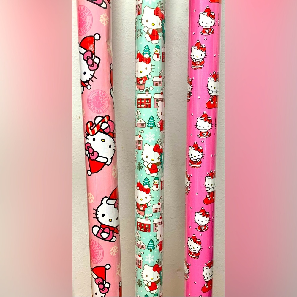 🎄🎀HELLO KITTY Christmas Set of 3 Pink Mint Holiday Paper GIFT Wrap 90sq ft NEW